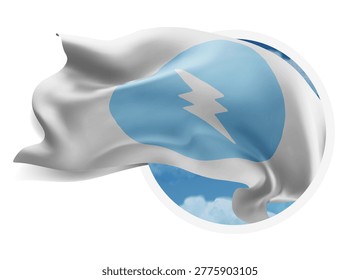 Electroneum, vector 3d flag against a blue sky, through a round hole on a white background