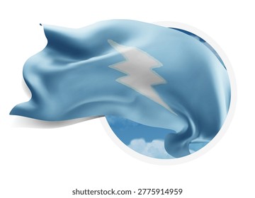 Electroneum, vector 3d flag against a blue sky, through a round hole on a white background