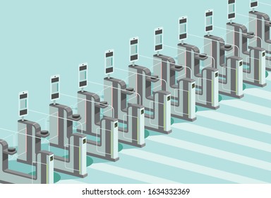 Electronic access control system. E-gates in the airport. utomated passport border control gates. Flat vector illustration