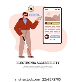Accesibilidad electrónica para personas ciegas y con problemas de vista banner o afiche. Accesibilidad de aplicaciones y gadgets para ilustraciones vectoriales planas con problemas visuales.