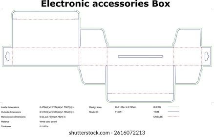 Electronic accessories packaging box template die cut layout design on white background for manufacturing