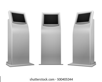 Electronic advertising stand display interactive kiosk with touchscreen vector illustration. Mockup terminal with info service