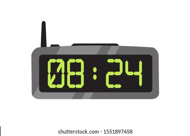 Electronic Alarm Clock Flat Vector Illustration. Contemporary Digital Timepiece. Radio Clock With Antenna Color Design Element. Modern Battery Time Counter Isolated On White Background.