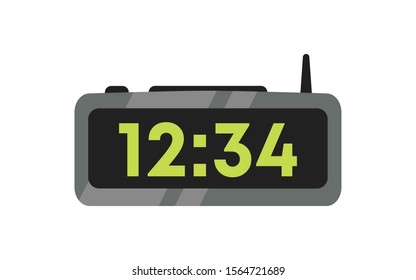 Electronic Alarm Clock Flat Vector Illustration. Contemporary Digital Timepiece. Radio Clock With Antenna Color Design Element. Modern Time Counter.