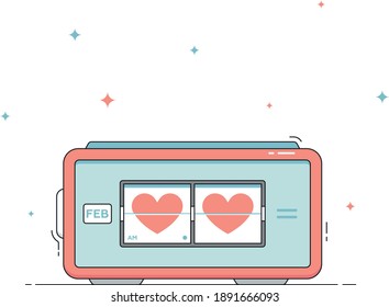 Reloj electrónico de alarma, con corazones en lugar de números, para el Día de San Valentín, en colores rojo y azul, en diseño plano.