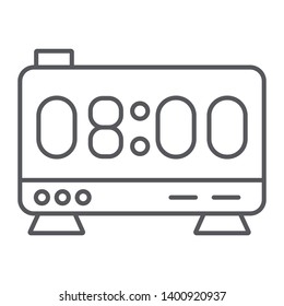 Electronic alarm clock thin line icon, digital and hour, clock display sign, vector graphics, a linear pattern on a white background, eps 10.