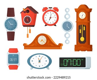 Electronic and analog clocks - flat design style objects set. High quality colorful images of wristwatch and old grandfather stationary time measuring instruments. Example of how fashion changes