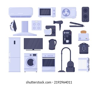 Electronic appliances for home vector illustrations set. Television, iron, fan, gadgets for kitchen, refrigerator, oven, microwave, cooker, washing machine. Household, technology, interior concept