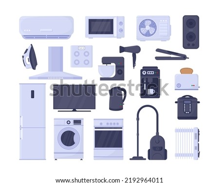Electronic appliances for home vector illustrations set. Television, iron, fan, gadgets for kitchen, refrigerator, oven, microwave, cooker, washing machine. Household, technology, interior concept
