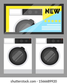 Electronic appliances in a row. Washing machine and dryer in shop of electronics. TV set with big plasma, screen showing advertisement of new equipment. Washer for home, vector in flat style