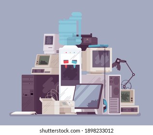 Electronic appliances waste trash pile, broken office equipment. Unwanted technology devices, not working digital rubbish, dangerous toxic metal, used materials. Vector flat style cartoon illustration