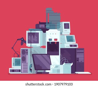 Electronic appliances waste trash pile, broken office equipment. Unwanted technology devices, not working digital rubbish, dangerous toxic metal, used materials. Vector creative stylized illustration