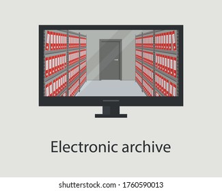 Electronic archive concept. Folders with documents in the computer. Vector illustration