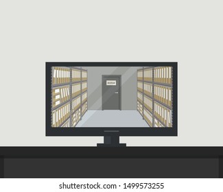 Electronic archive concept. There are racks with folders in the computer. Vector illustration