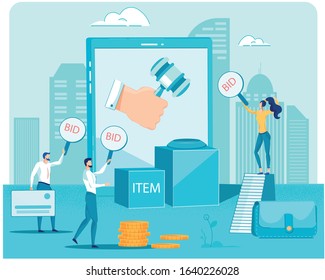 Electronic Auction Bidding Online Service Illustration. Vector Tiny People with BID Card, Wallet, Cash Gold Coins, Item Box. Human Hand with Hammer on Tablet Screen. E-Commerce. Payment via Internet