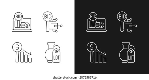 Electronic auctioning linear icons set for dark and light mode. Online bargaining. Bidding for fine art objects. Customizable thin line symbols. Isolated vector outline illustrations. Editable stroke