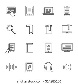 Electronic and audio book icons. Outlined electronic devices icons. Linear style