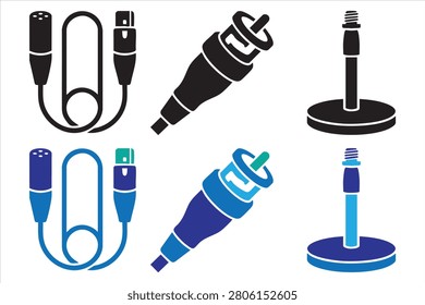 Electronic audio connector icons featuring microphone cables and input jacks for professional studio and sound equipment.