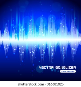 Electronic audio equipment digital equalizer sound wave track bright blue on dark background poster abstract vector illustration.