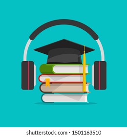 Electronic audio learning or studying online vector illustration, flat cartoon headphones and books stack with graduation hat, idea of podcast study or electronic learning, listening education courses