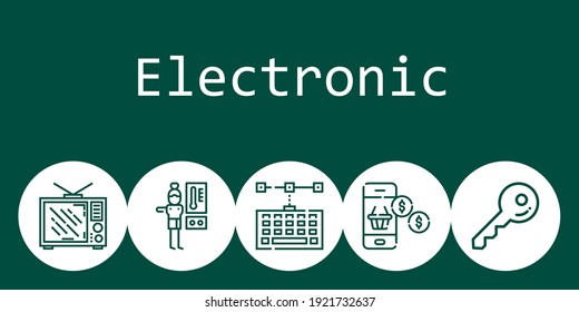 electronic background concept with electronic icons. Icons related keyboard, smartphone, thermostat, television, key