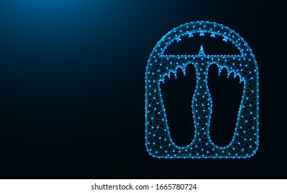 Electronic balance made from points and lines on dark blue background, Weigh wireframe mesh polygonal vector illustration