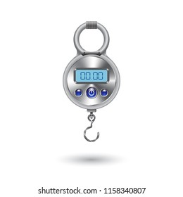 Electronic balance on a white background with digital indication and blue buttons