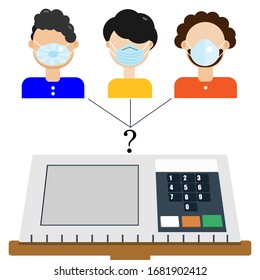 Electronic ballot box. Social concept of choosing a president or voting during a coronavirus epidemic. People in protective medical masks. Flat vector illustration.Web template on white backdrop.