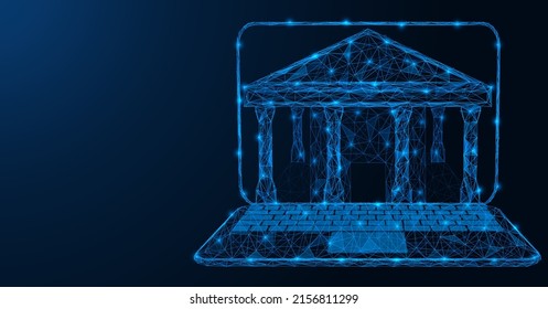 Electronic Banking. The Building Of A Financial Institution In The Laptop Screen. Low-poly Design Of Interconnected Lines And Dots. Blue Background.