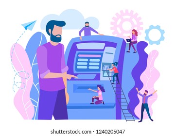 Electronic banking, cashing out money through ATM , interactive terminal support. The characters of the consultants assistants near automated teller machine for customers. Smart transactions concept.