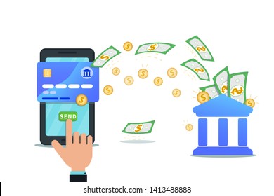 Electronic banking with mobile app and nfc credit card.  Hand finger click send button on smartphone screen. Send money online payment concept. Money transfer. Currency exchange