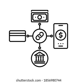 Electronic banking. Online banking services connected to smartphone with link. Line vector. Isolate on white background.