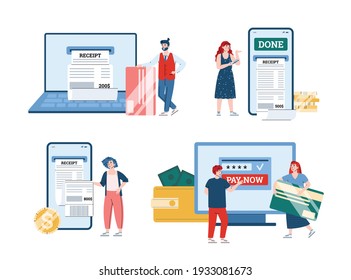 Electronic bill and online banking set of cartoon characters getting bill coming out of the device screen, flat vector illustration isolated on white background.