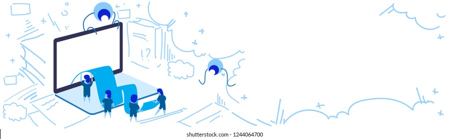 electronic bill online payment laptop screen check tape people teamwork process concept doodle sketch horizontal banner