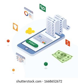 Factura electrónica, pago en línea, historial de pago, smartphone con tarjeta de crédito. Concepto de pagos móviles, financiar la protección de datos. Pago de factura en línea. Teléfono inteligente, recibo de papel. Banco en línea.