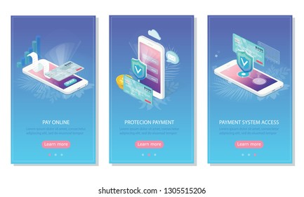 Electronic bill, online payment sms notification, payment system accetss, finance data protection, smartphone with credit card and shield isometric vector illustration on blue background