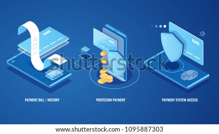 Electronic bill, online payment sms notification, pay history, finance data protection, smartphone with credit card and shield isometric vector illustration on blue background