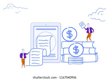 electronic bill online payment tablet screen check tape book stack growth wealth dollar coin e-commerce concept people working process doodle sketch horizontal vector illustration