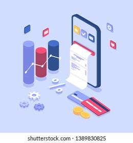 electronic bill payment notification. Online payment on isometric smartphone, bill coming out of screen. flat design concept with phone, cards, coins, buy now. Landing page and banner template, app