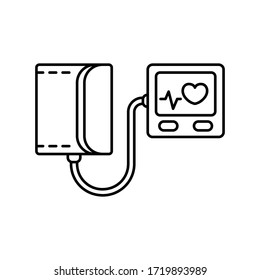 Electronic Blood Pressure Monitor. Linear Icon Of Heart Tracking Device. Black Illustration Of Textile Cuff, Rubber Hose, Plastic Computer Box. Contour Isolated Vector Emblem On White Background