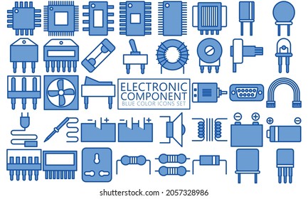 Electronic blue color icons set. chipset symbols, resistors, capacitors, transformers, diodes, batteries. Used for modern concepts, web, UI or UX kit and applications, EPS 10 ready convert to SVG svg