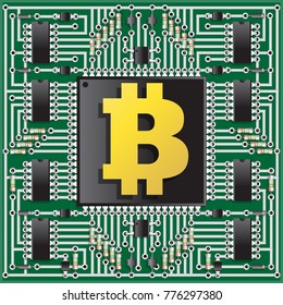 Electronic board with bitcoin. Vector illustration.