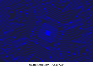 The electronic board from the computer in blue color with a microprocessor in the center. Vector image.