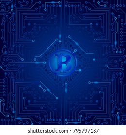 The electronic board from the computer in blue color with a Bitcoin in the center. Vector image.