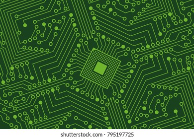 The electronic board from the computer in green color with a microprocessor in the center. Vector image.
