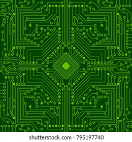 The electronic board from the computer in green color with a microprocessor in the center. Vector image.