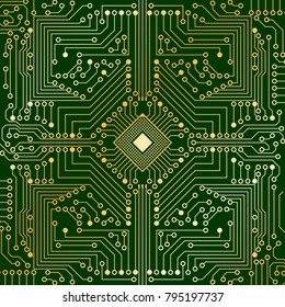 The electronic board from the computer in green and gold color with a microprocessor in the center. Vector image.