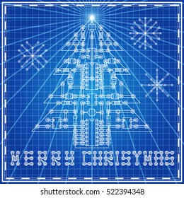 The electronic board in the form of a Christmas tree on blue background. Vector illustration. 
