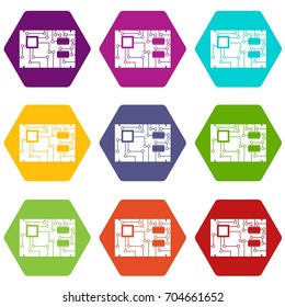 Electronic board icon set many color hexahedron isolated on white vector illustration