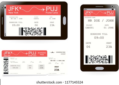 Electronic boarding pass ticket on smartphone screen and realistic paper boarding pass ticket for travel by airplane. Concept of trip or journey. The boarding pass contains fictitious data